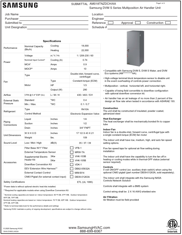 Samsung AM018TNZDCH air handler submittal, page 1