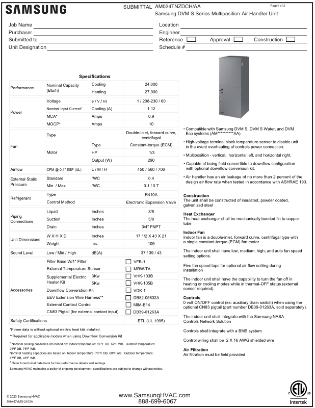 Samsung AM024TNZDCH air handler submittal, page 1