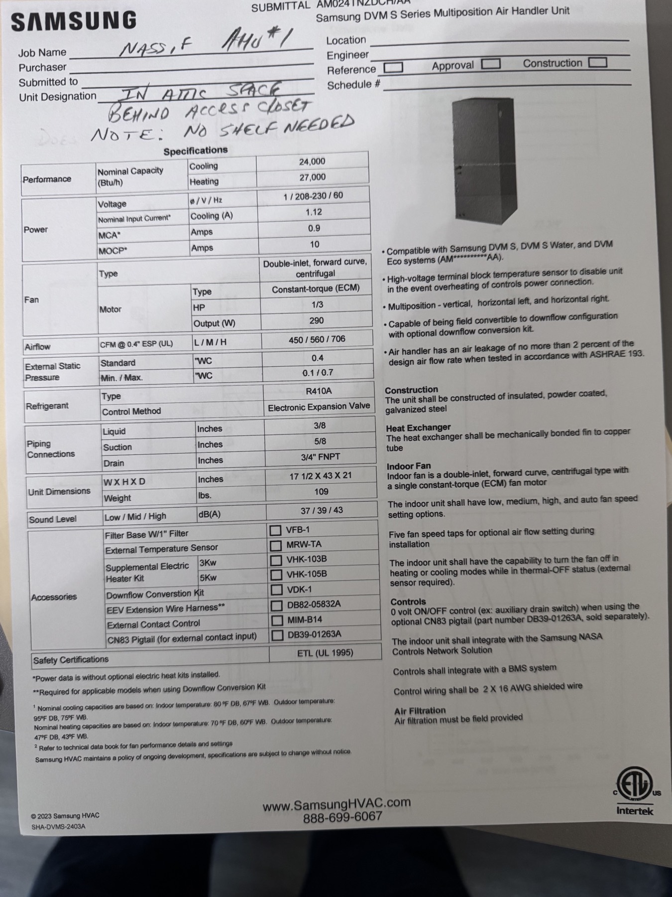 Equipment spec sheet page 1